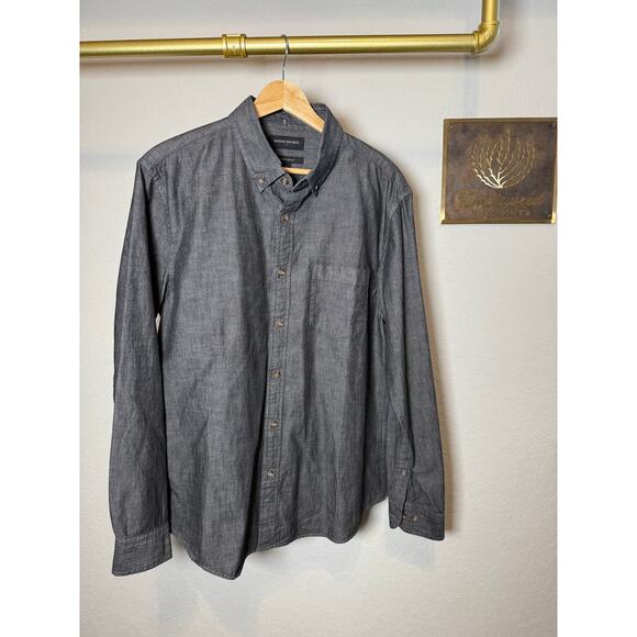 Men's Banana Republic Black Chambray Denim Untucked Slim Fit Button Down Sz L - Picture 3 of 7